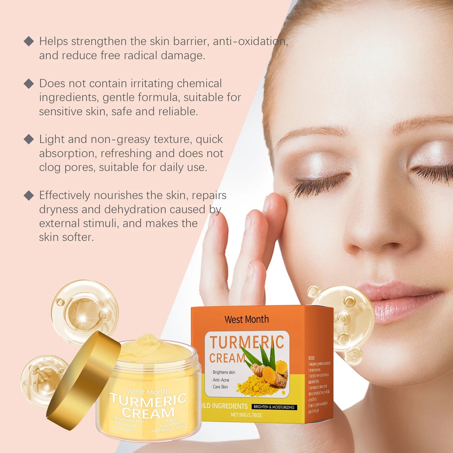 Turmeric Moisturizing Cream Brightens Skin Color Hydrating Nourishing and Moisturizing Skin Daily Gentle Care