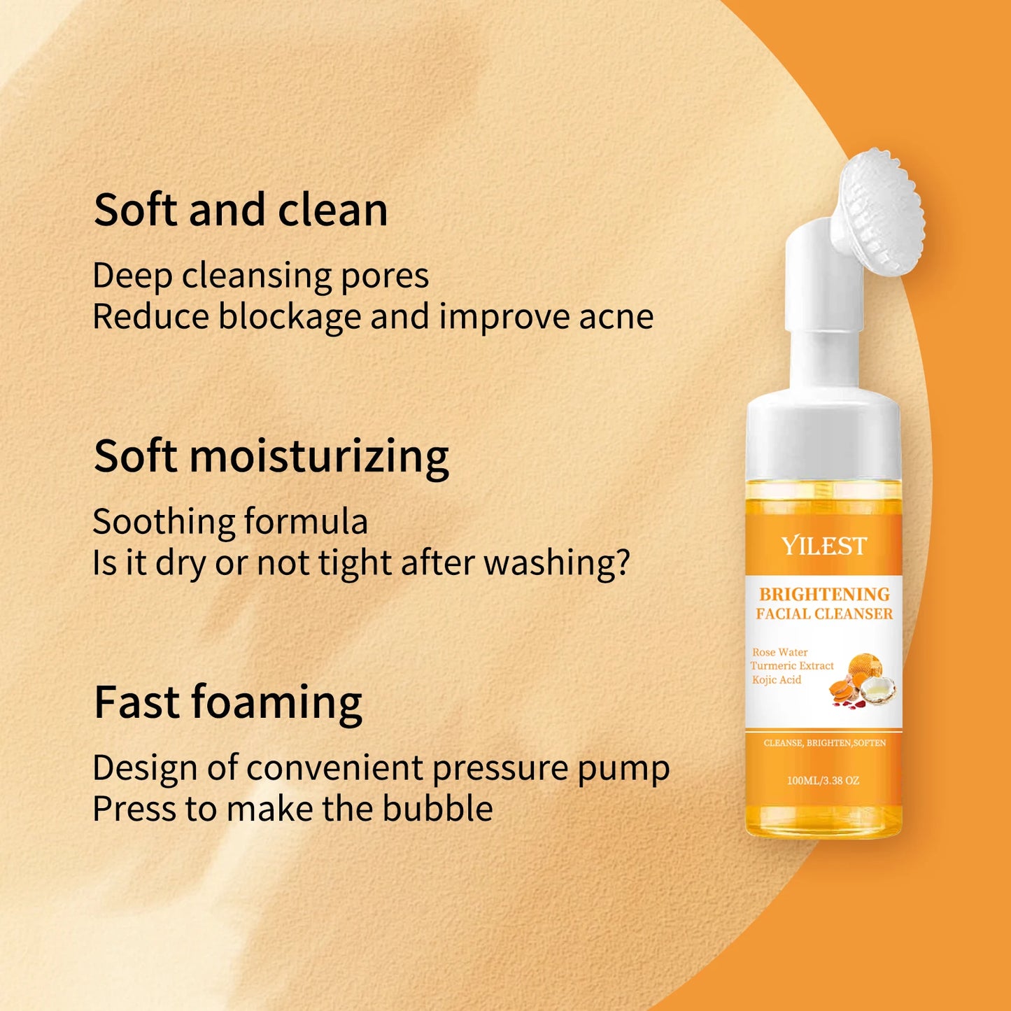 YILEST Brightening Facial Cleanser 100ml - with Kojic Acid, Turmeric & Rose Water, Soft Brush Head for Deep Cleansing, Acne Care