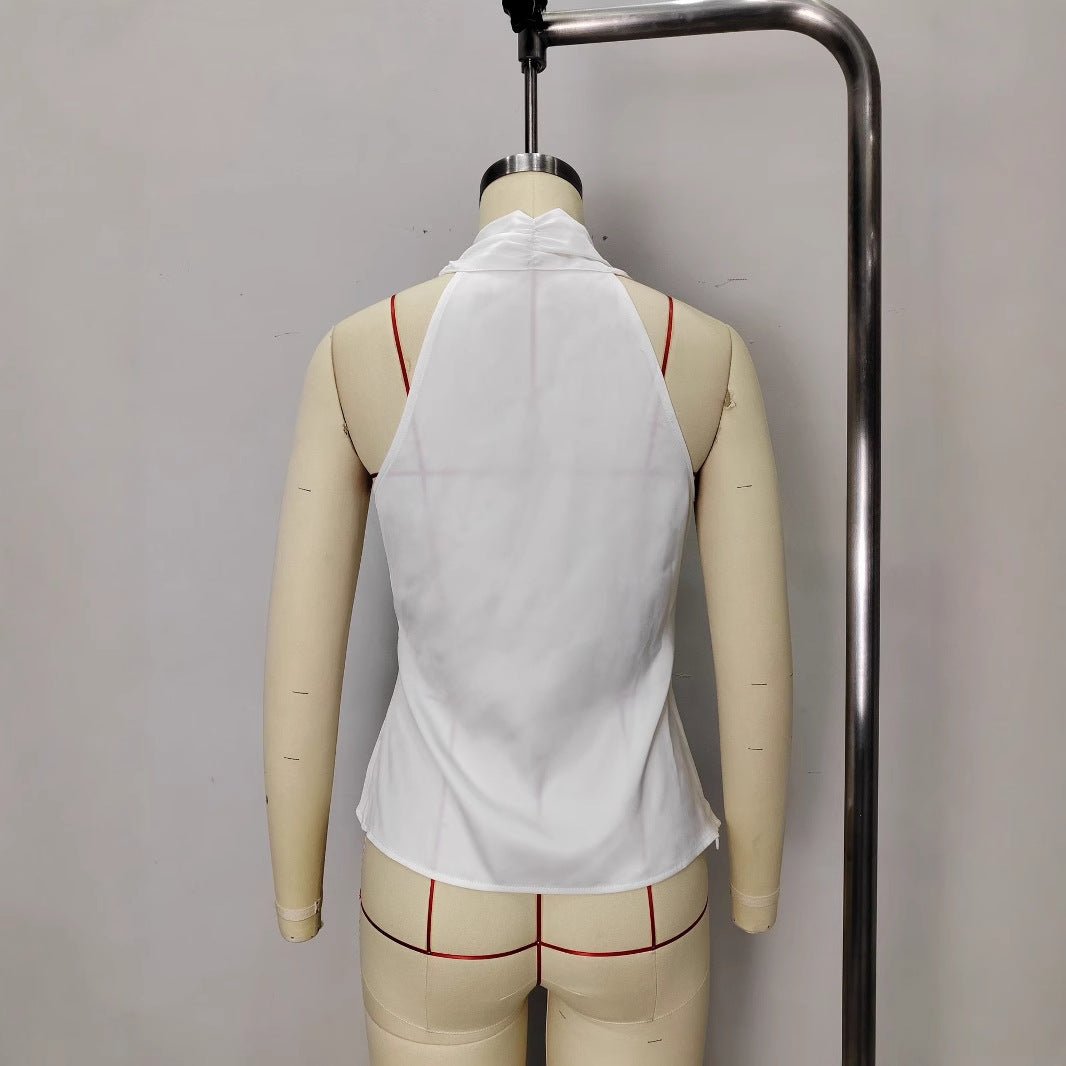 French - style Satin V - neck Slim - fit Sleeveless Blouse With Tie Detailing - TALIANA STORE