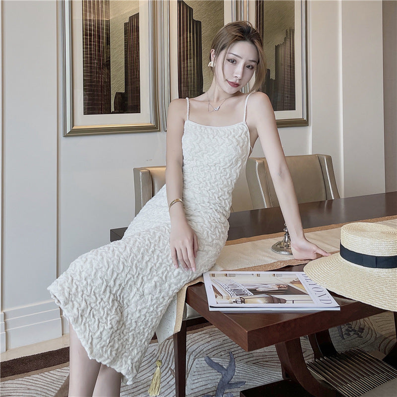 Slim High Waist Sling Slit Velvet Maxi Dress