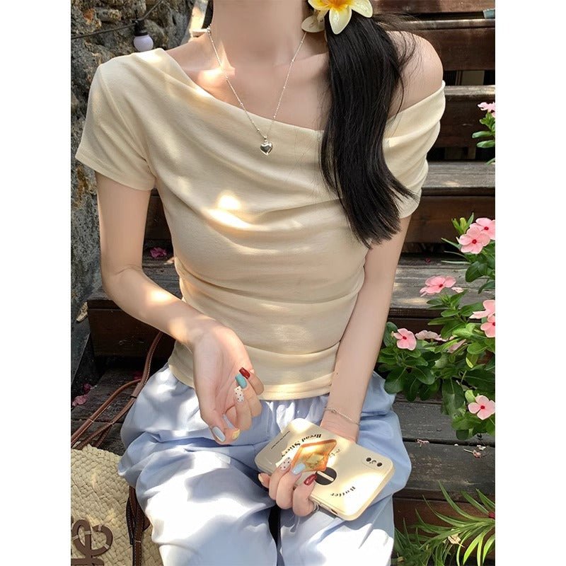 Ruffled Neckline T-shirt That Subtly Reveals Your Collarbone For A Pure Yet Alluring Look - TALIANA STORE