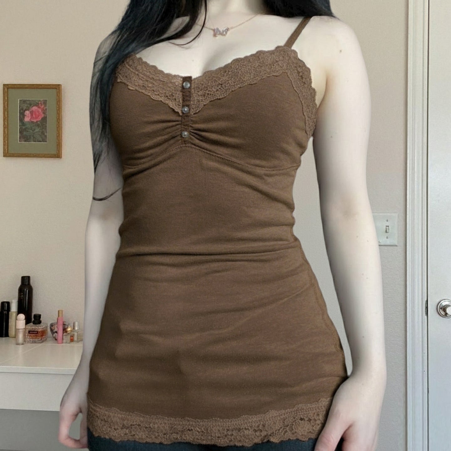 Lace - patchwork Buttoned Small V - neck Camisole - Taliana Store