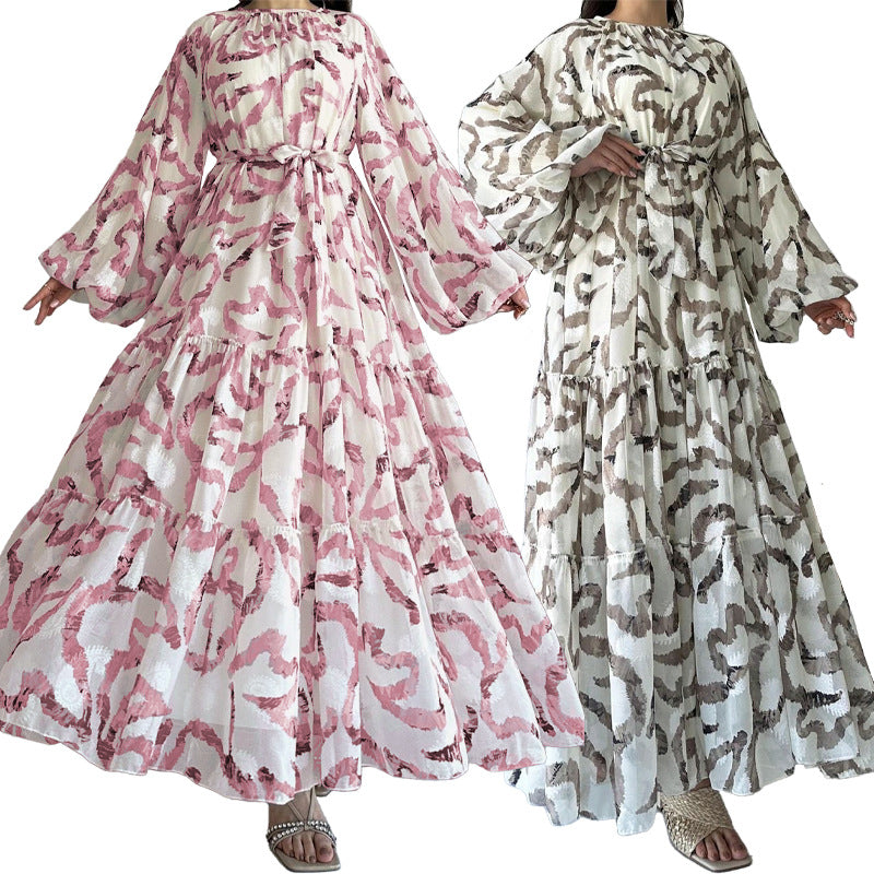 Chiffon Printed Maxi Dress With Beltstylish And Elegant