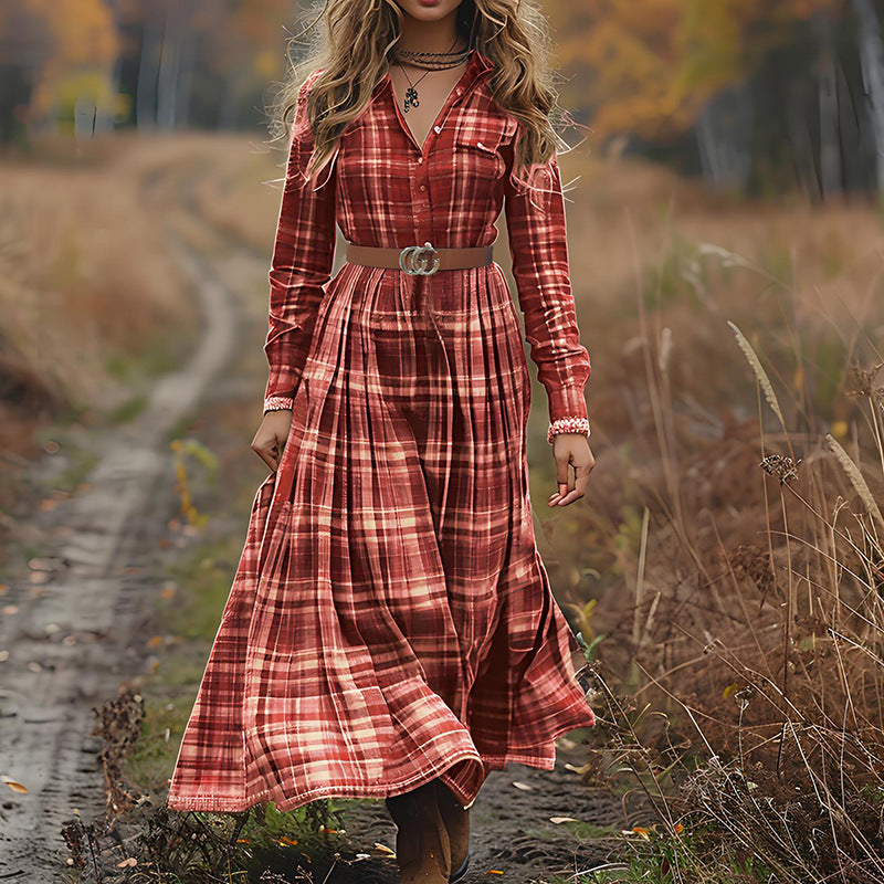 Printed Plaid Retro V-neck Long Sleeve Maxi Dress