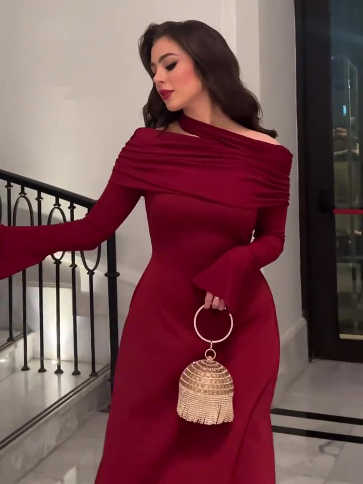 Burgundy Off-Shoulder Long-Sleeve Maxi Dress