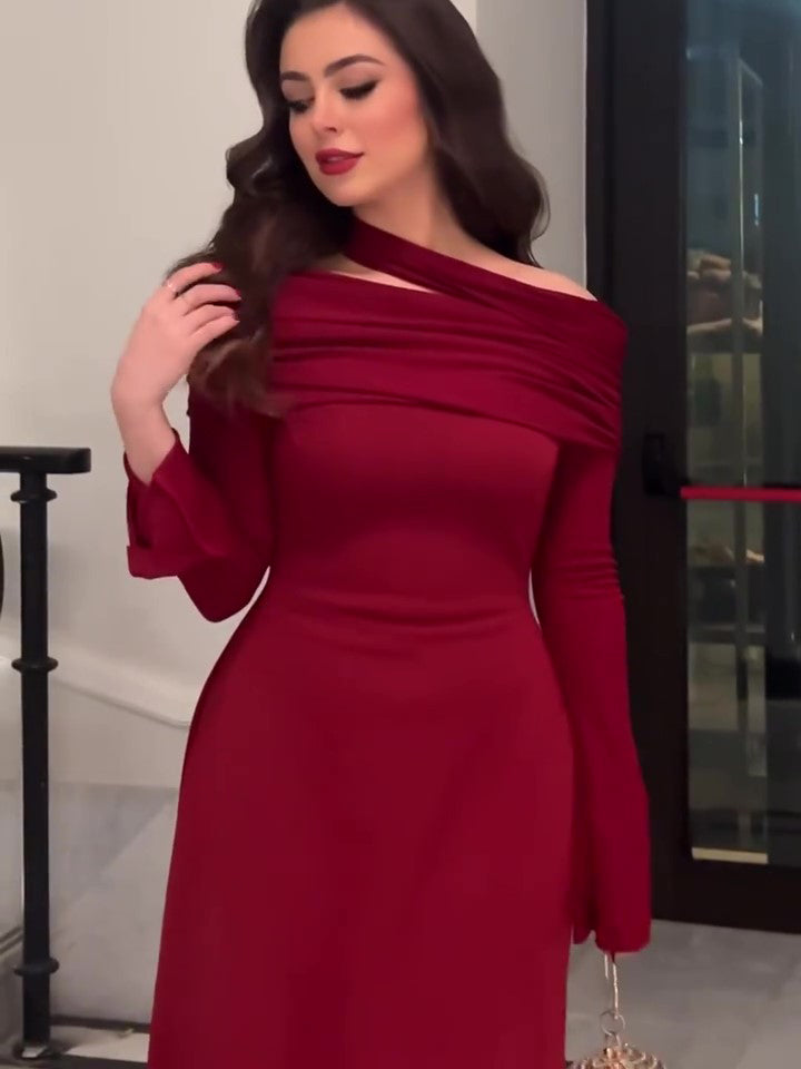 Burgundy Off-Shoulder Long-Sleeve Maxi Dress