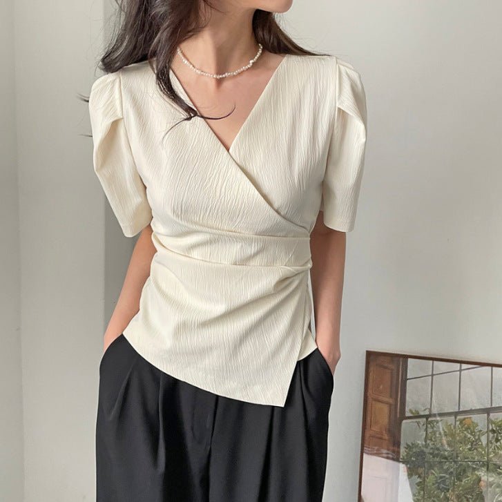 Womens Solid - Color French - Style Chic Asymmetrical Cross V - Neck Short - Sleeve Top - TALIANA STORE