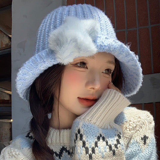Korean - style Cute Plush Star Knitted Bucket Hat - TALIANA STORE