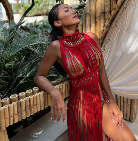 Womens Elegant Vintage Handwoven Tassel Maxi Dress