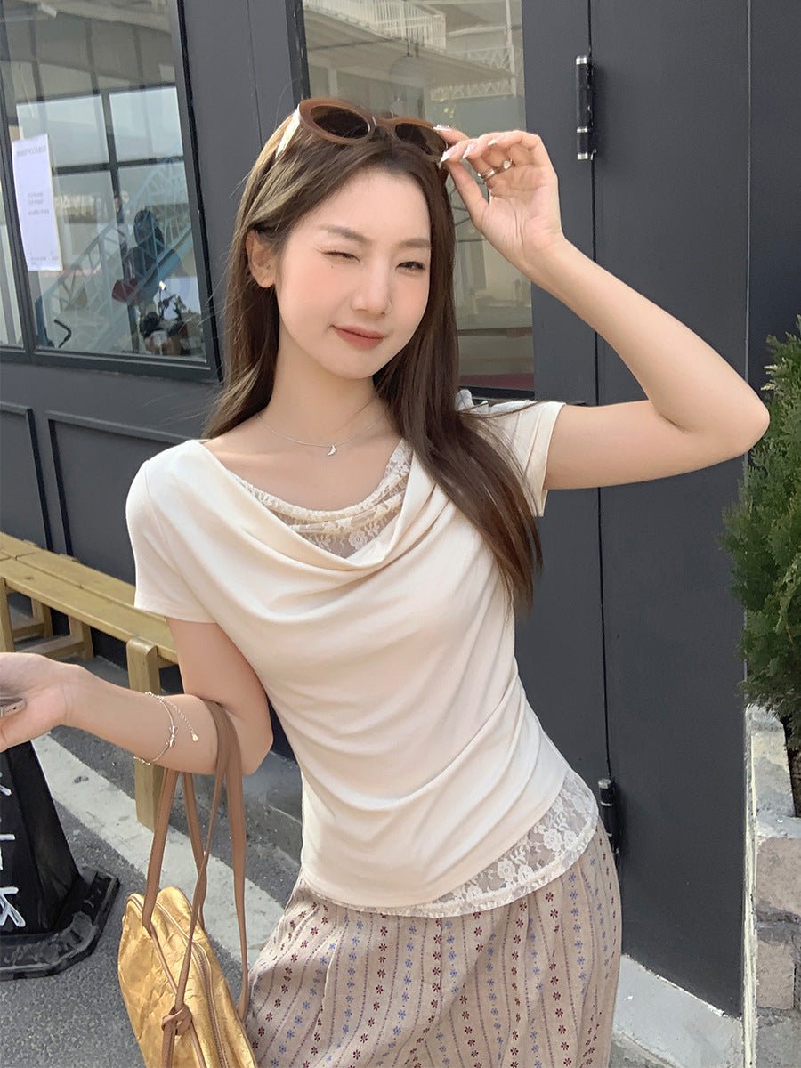 Korean Style Lace Stitching Swing Collar Off - shoulder Short Sleeve T-shirt - TALIANA STORE