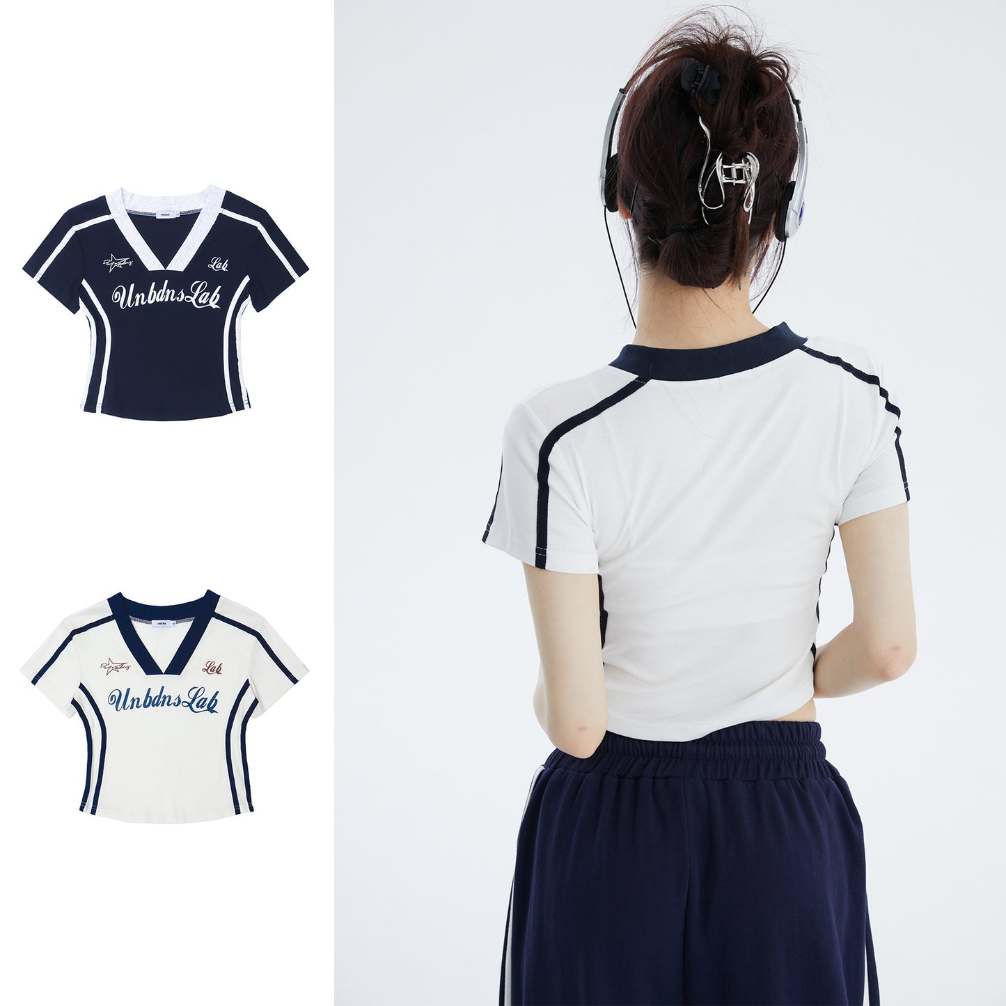 Color Blocking Short Niche Design V-neck Short Sleeves