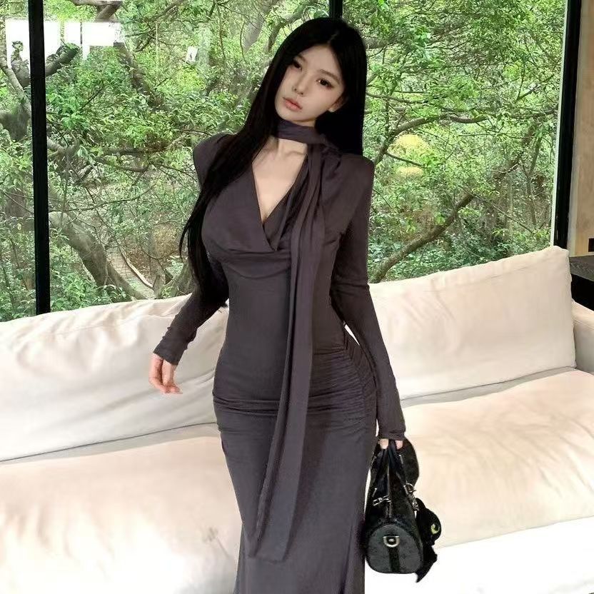 Elegant Cinched-waist Pleated Maxi Dress For Women