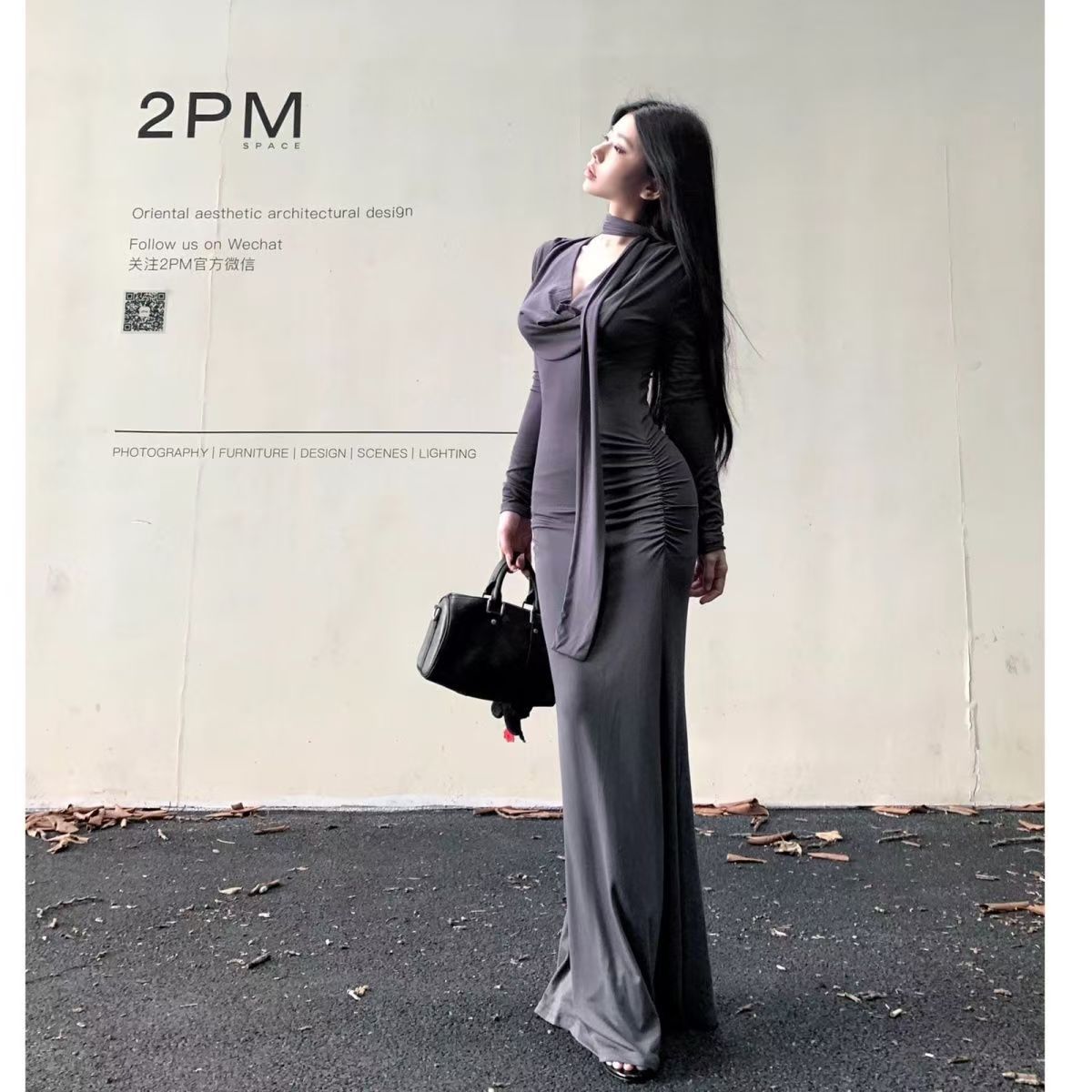 Elegant Cinched-waist Pleated Maxi Dress For Women