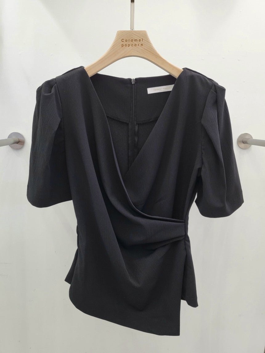 Womens Solid - Color French - Style Chic Asymmetrical Cross V - Neck Short - Sleeve Top - TALIANA STORE