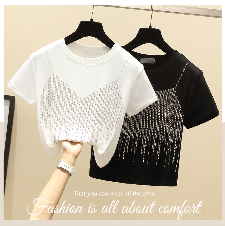 Chic Short Hot Diamond Temperament Thin Niche Women's Short Sleeves
