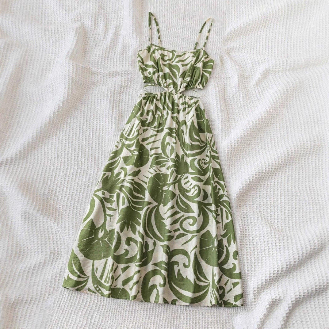 Green Floral Maxi Slip Dress With Hollow-out Design