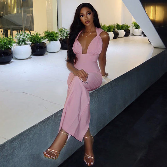 Waist-cinching Halter Neck Maxi Dress For Women