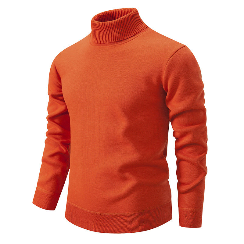 Men's Turtleneck Pullover Sweater Fashion Solid Color Fleece Lined Knitted Long-sleeved Top Clothing