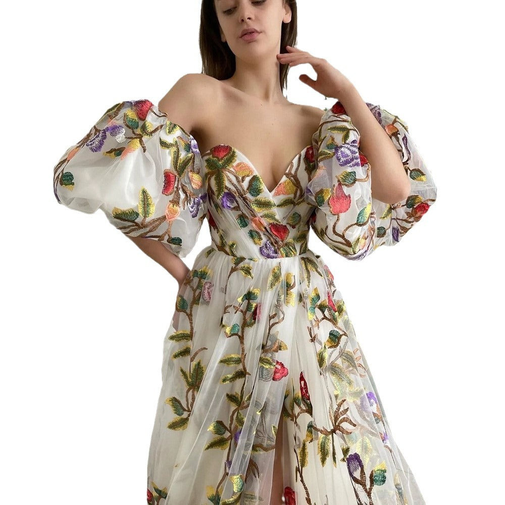 Off-shoulder Slit Embroidered Elegant Mesh Maxi Dress