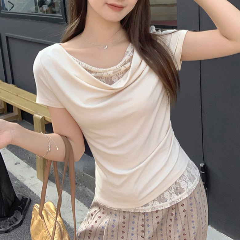 Korean Style Lace Stitching Swing Collar Off - shoulder Short Sleeve T-shirt - TALIANA STORE