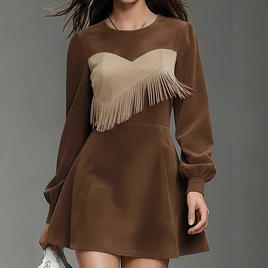 Contrast-color Patchwork Faux Suede Tassel Crew-neck Mini Dress