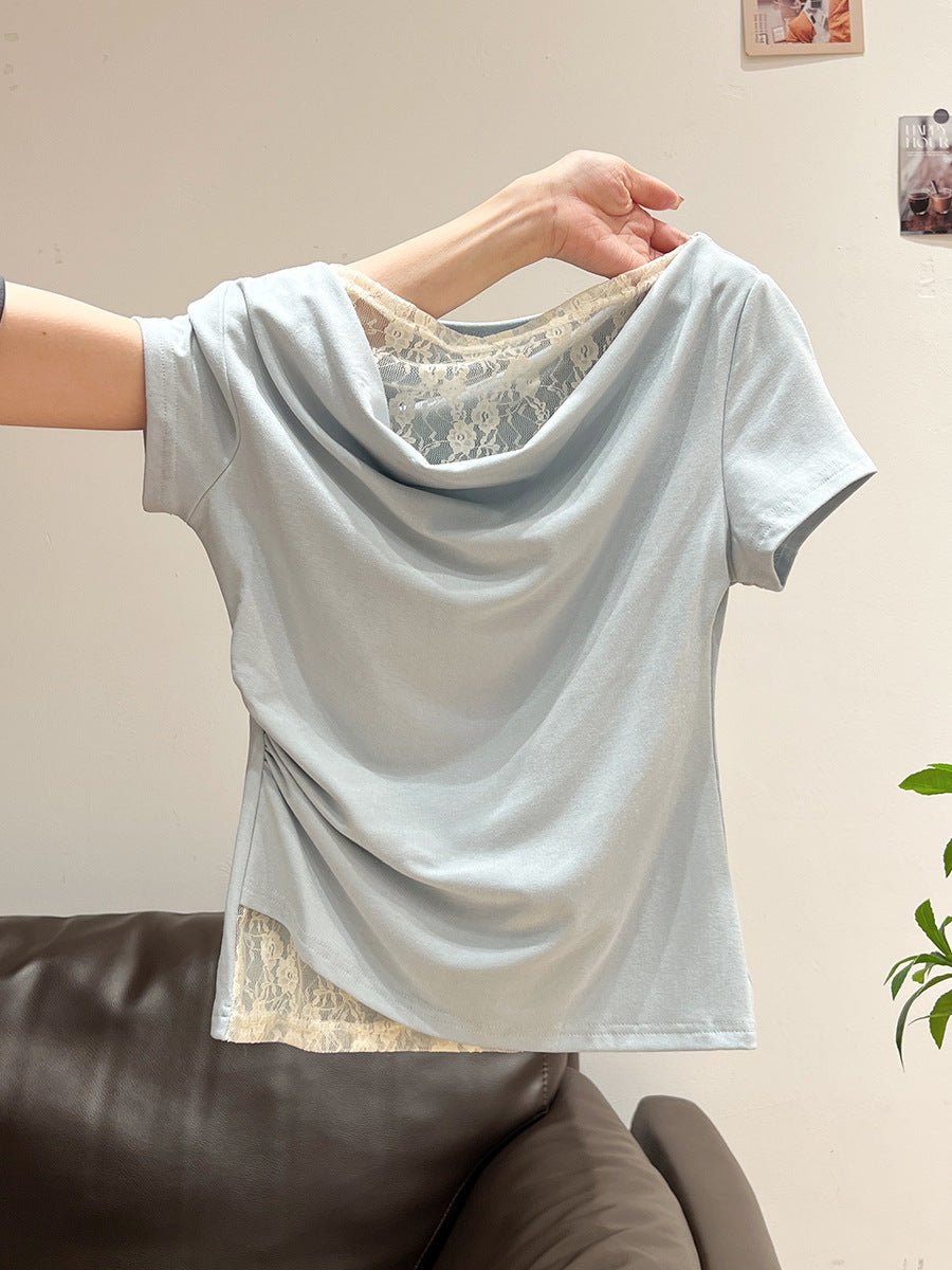 Korean Style Lace Stitching Swing Collar Off - shoulder Short Sleeve T-shirt - TALIANA STORE