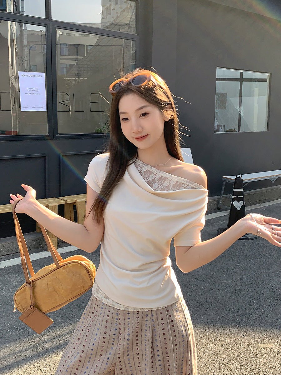 Korean Style Lace Stitching Swing Collar Off - shoulder Short Sleeve T-shirt - TALIANA STORE
