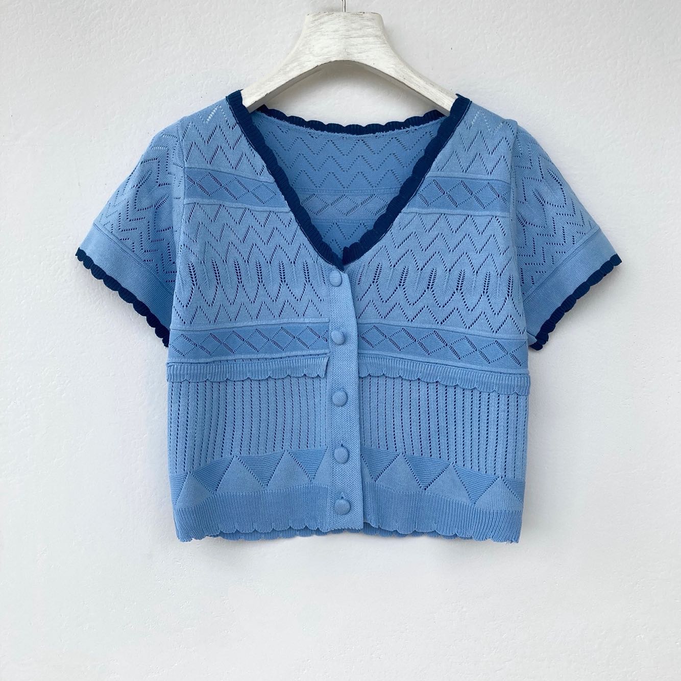 Knitted Short-sleeved T-shirt Cut Out Jacquard Short Top