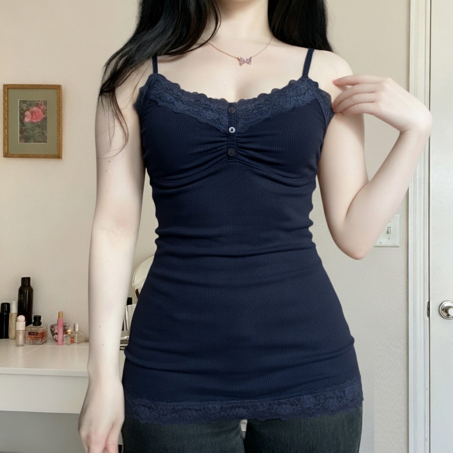 Lace - patchwork Buttoned Small V - neck Camisole - Taliana Store