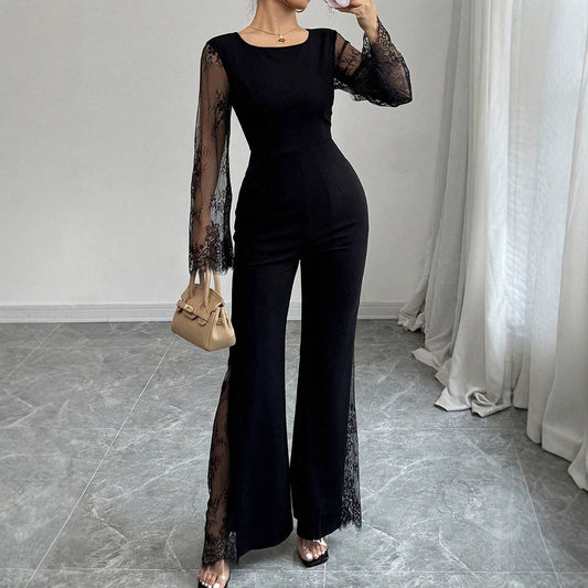 Lace-embellished Long-sleeve Crew-neck Bodycon Jumpsuit With A Cinched Waist And Hip-lifting Design