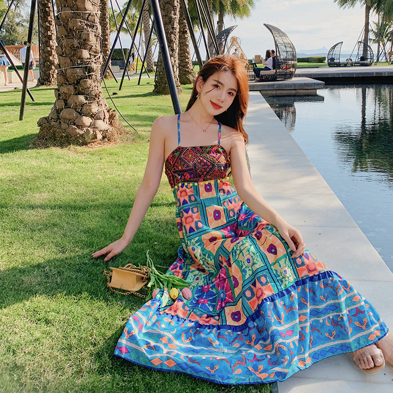 Bohemian Cross Back Tropical Maxi Summer Dress