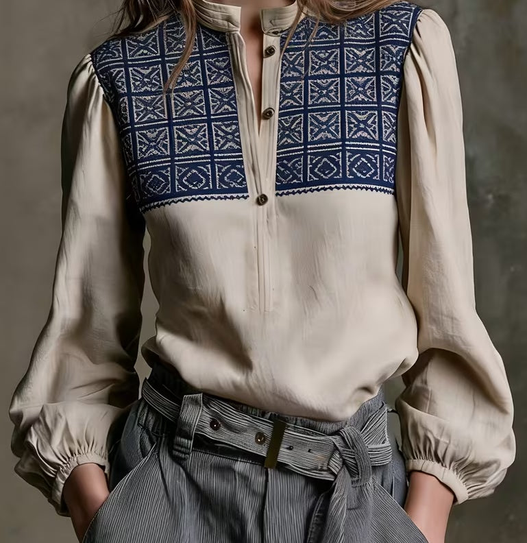 Vintage Ethnic Style Embroidered Stand-collar Shirt For Women, Beige Puff-sleeve Tencel Top, Blue And White Geometric Jacquard Designed Niche Shirt